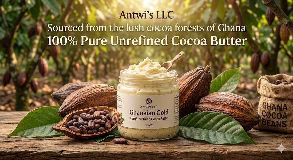 Pure unrefined Ghanaian cocoa butter in a clear glass jar with raw cocoa pods and green tropical leaves on a rustic wooden background.